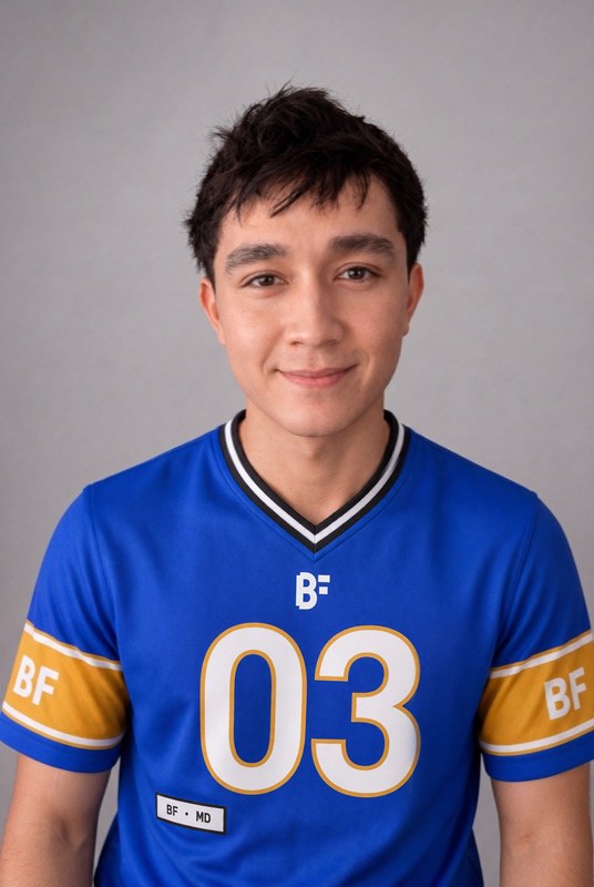 David, sales at Brook Frameworks, in a blue BF team jersey with the number 03