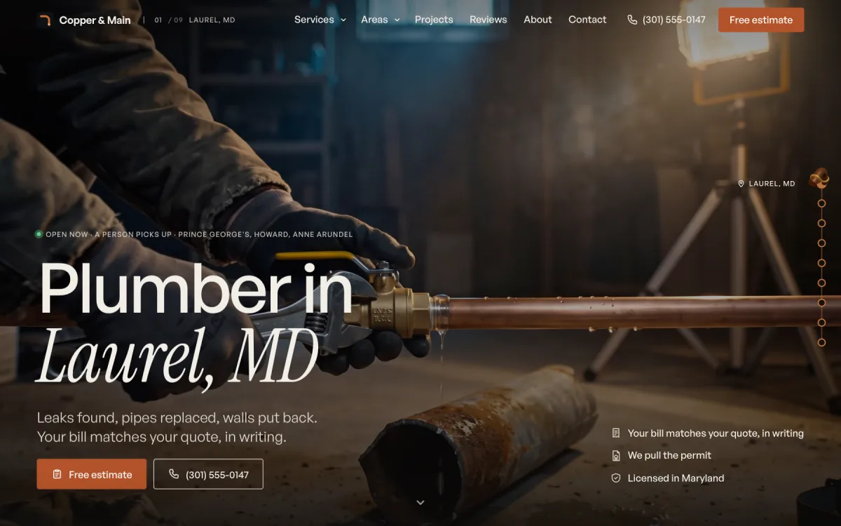Copper and Main Plumbing concept home page: Plumber in Laurel, MD, over new copper pipe going in, with Free estimate and the phone number