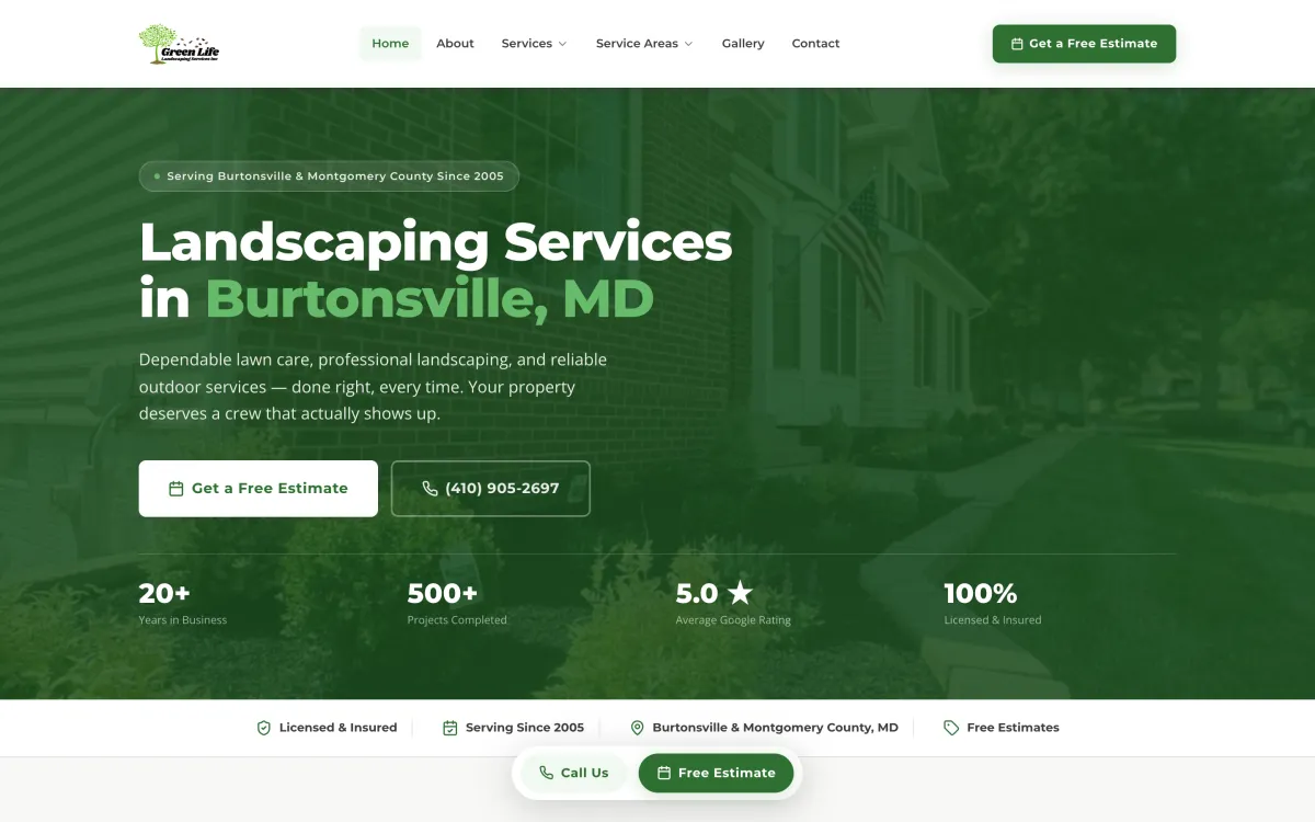 Green Life Landscaping home page: Landscaping Services in Burtonsville, MD, with a free estimate button and the phone number