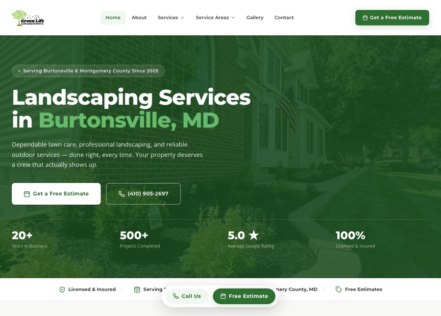 Screenshot of the Green Life Landscaping website homepage