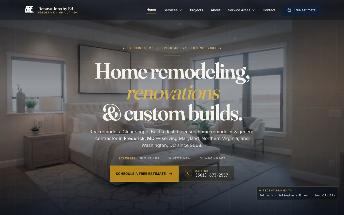 Renovations by Ed home page: Home remodeling, renovations and custom builds, with Schedule a free estimate and the phone number